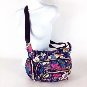 LeSportSac Nylon Purple Pink Floral Multi Pocket Shoulder Bag Hobo Crossbody